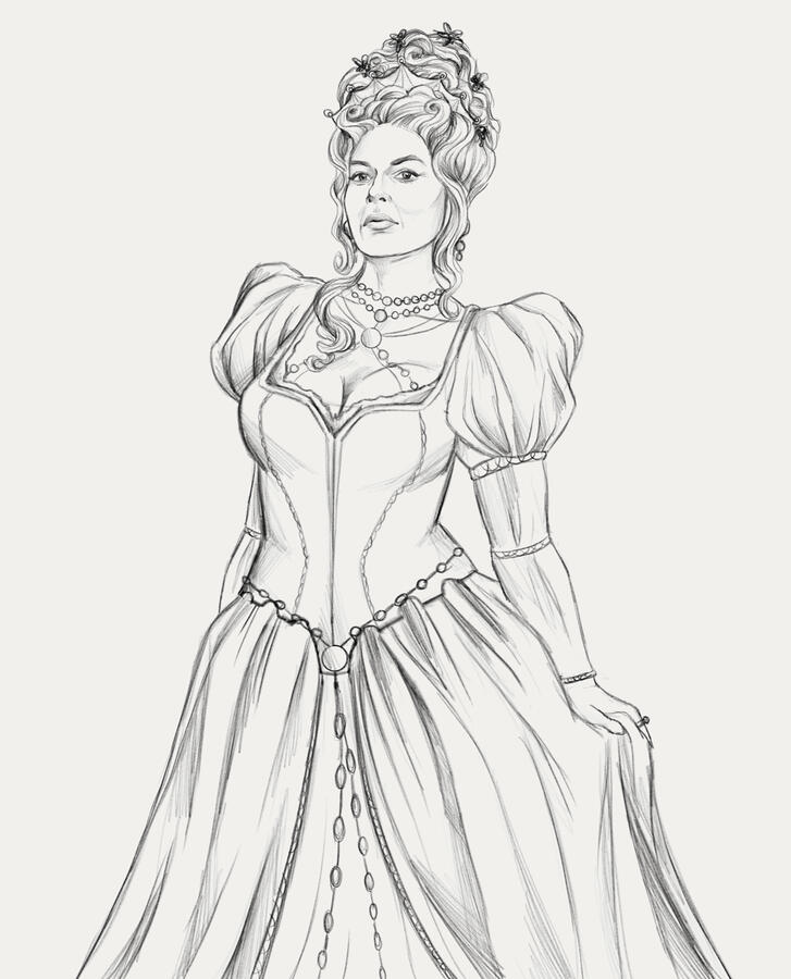 sketch with line art, half-body